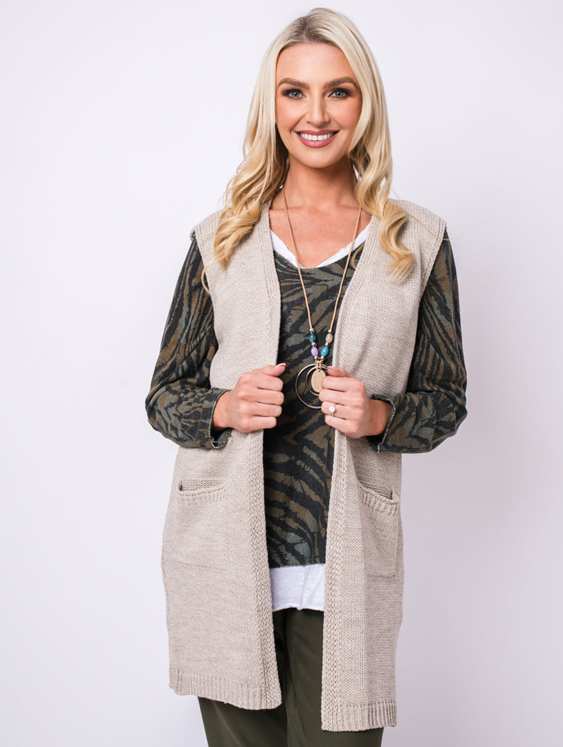 Sleeveless Cardigan Stone/Ecru