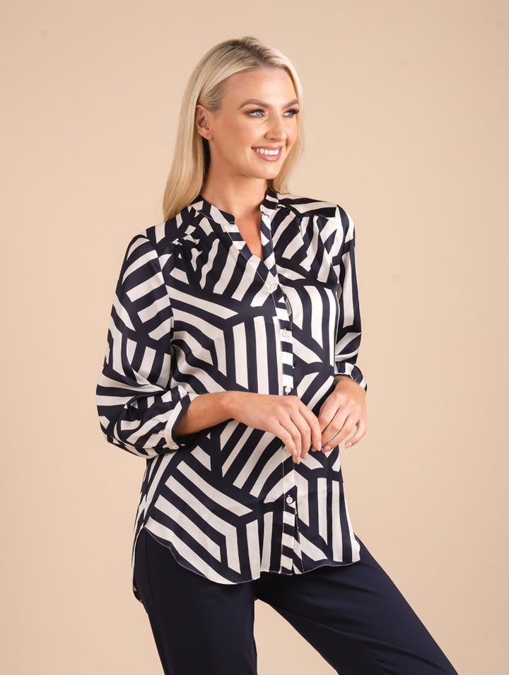 Open Neck Blouse - Navy