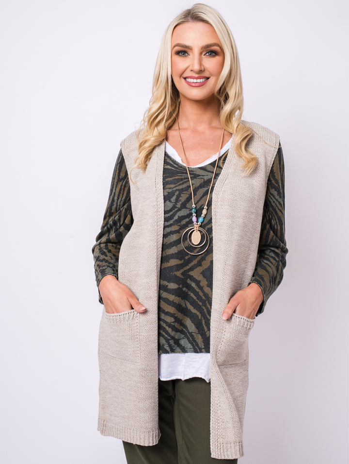 Sleeveless Cardigan - Stone/Ecru