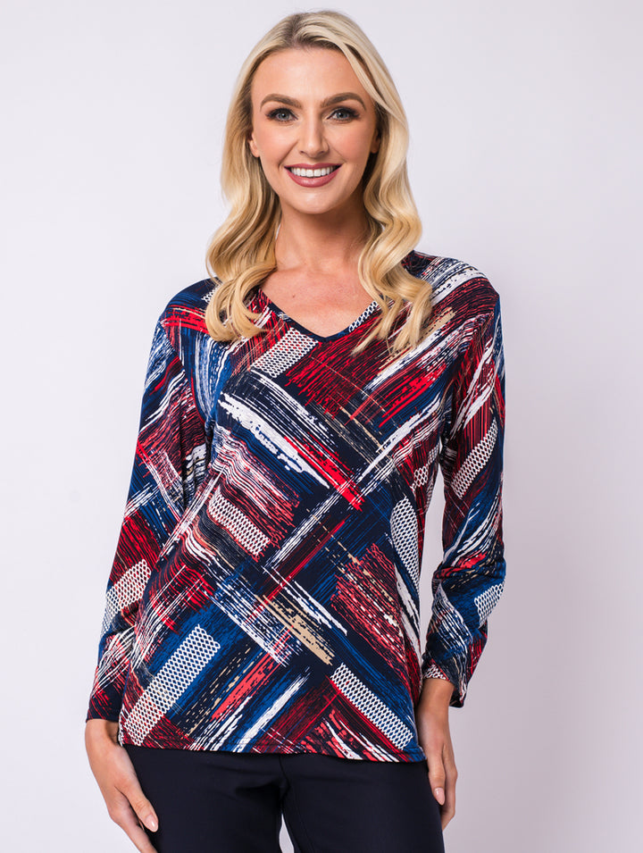 V Neck Print Top - Royal/Red