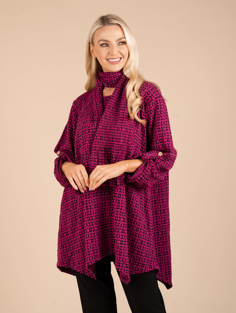 Turn Back Cuff Jumper With Scarf - Cerise/Black