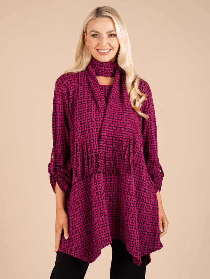 Turn Back Cuff Jumper With Scarf - Cerise/Black