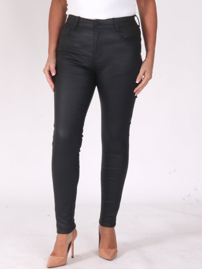 High Waist Leather Look Jeans - Black