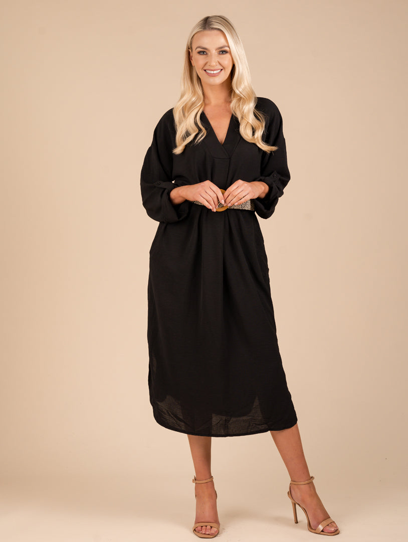 Long Sleeve Dress with Belt - Black