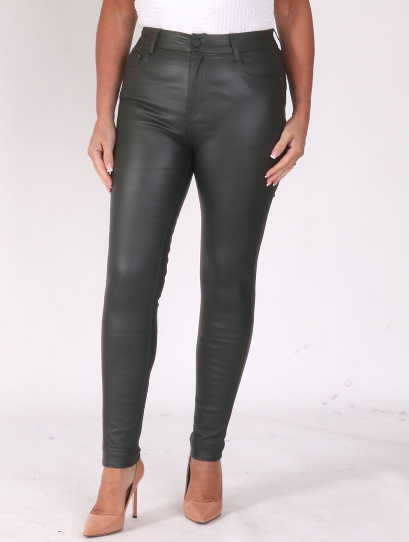 High Waist Leather Look Jeans - Khaki