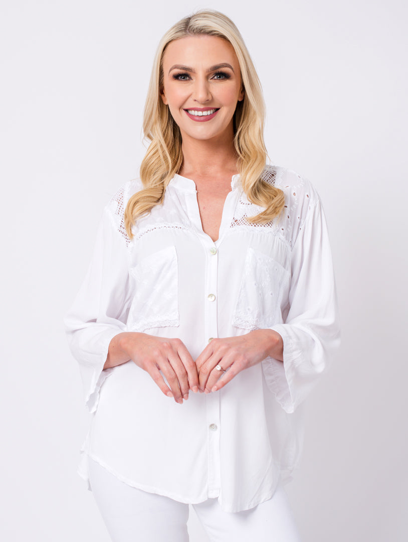 Lace Stand Collar Blouse - White