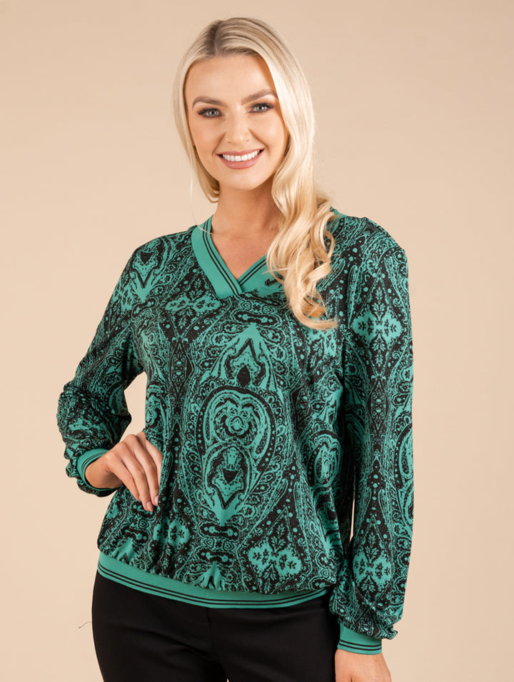 V Neck Top - Jade/Black