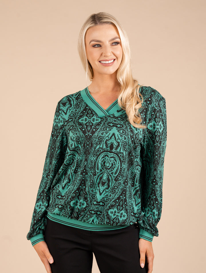 V Neck Top - Jade/Black